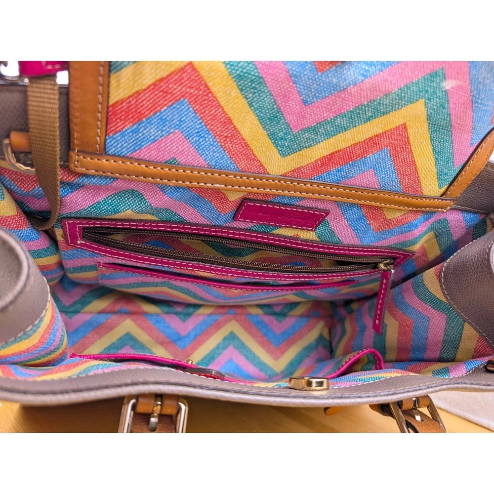 Dooney & Bourke Grey Pebble Grain Leather Satchel Bag Colorful Chevron Lining